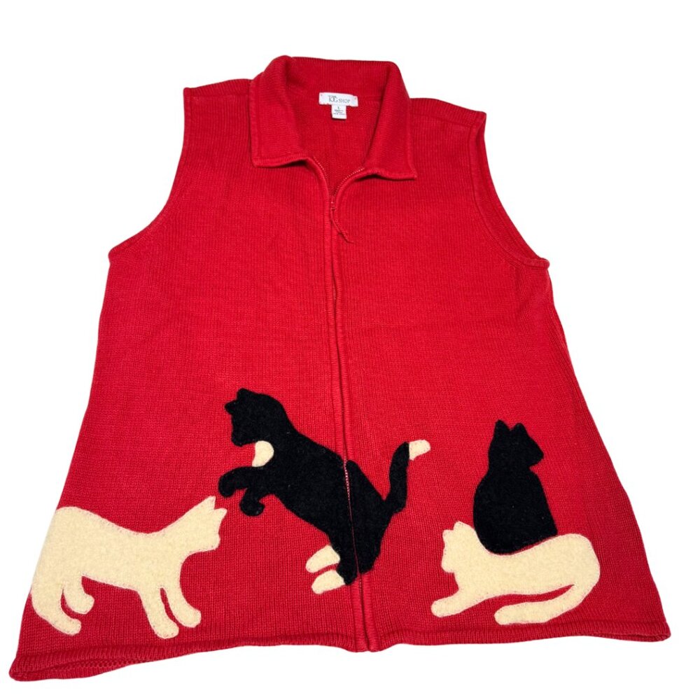 Vintage Grannycore Cotton Blend Cat Sweater Vest Red Size L